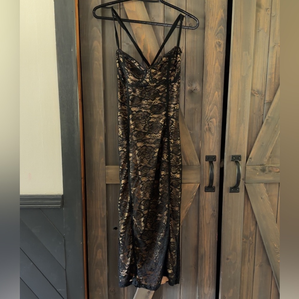 Black and Gold Lace Slip Dress